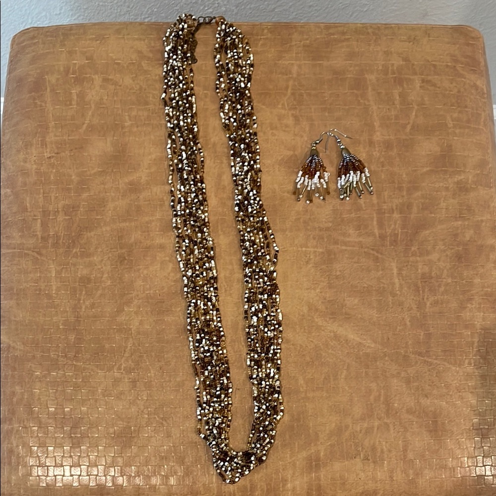 Elegant Gold and Brown Beaded Necklace and Earring Set